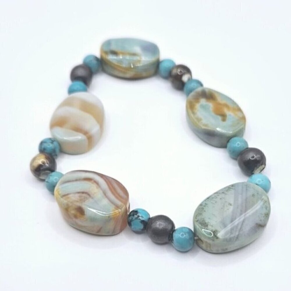 Faux Agate & Turquoise-Style Beaded Stretch Bracelet – Earth Tone Mix